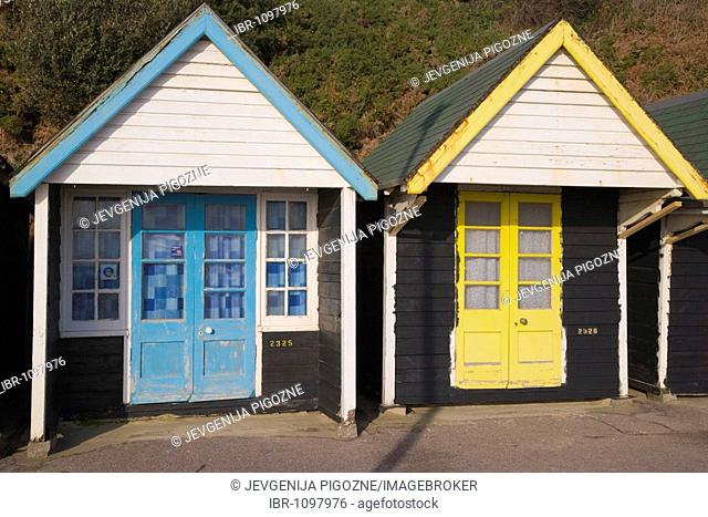 Beach huts in winter, Bournemouth, Dorset, England, United Kingdom