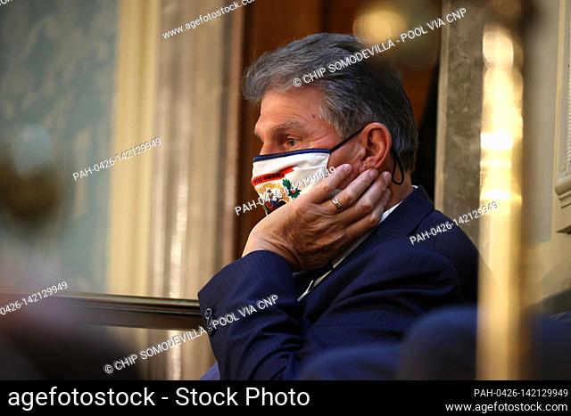 WASHINGTON, DC - APRIL 28: Sen. Joe Manchin (D-WV) looks on during U.S. President Joe Biden's address to a joint session of congress in the House chamber of the...