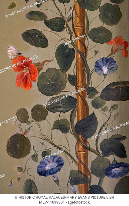 The Picnic Room. Detail of the wall murals with their pattern of climbing bamboo, convolvulus and nasturtiums; painted by Princess Elizabeth (1770-1840)