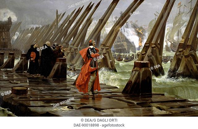 Richelieu (1585-1642) on the sea wall at La Rochelle, 1628, painting by Henri-Paul Motte (1846-1922).France, 17th century