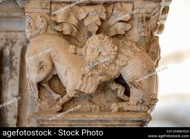 Fight Between Lion and Bull (c12th) Romanesque Carving Cloisters Montmajour Abbey near Arles Provence France