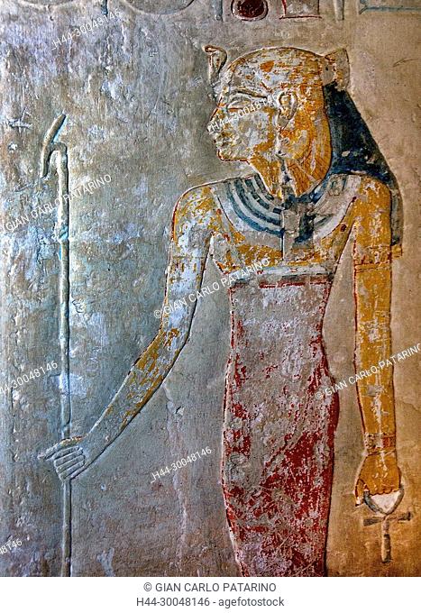 Deir el Bahari, Luxor, Egypt: temple of the queen Hatshepsut (New Kingdom 1567-1080 b.C.) at Deir el Bahari called Djeser-Djeseru: peinture of queen Hatshepsut