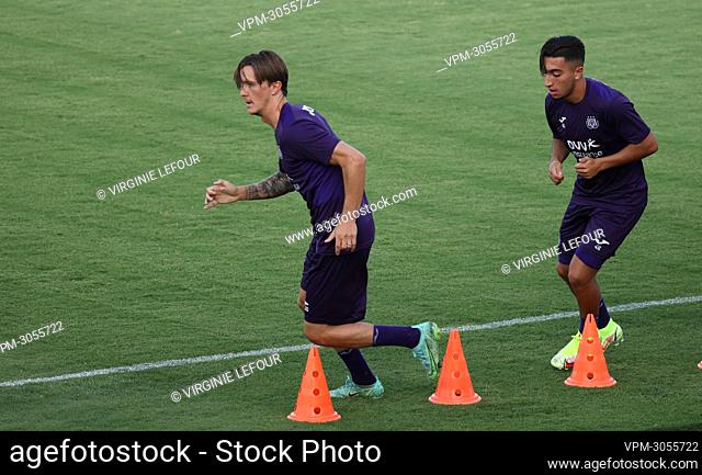 Anderlecht's Kristoffer Olsson and Anderlecht's Anouar Ait El-Hadj pictured in action during a training of Belgian soccer team RSC Anderlecht
