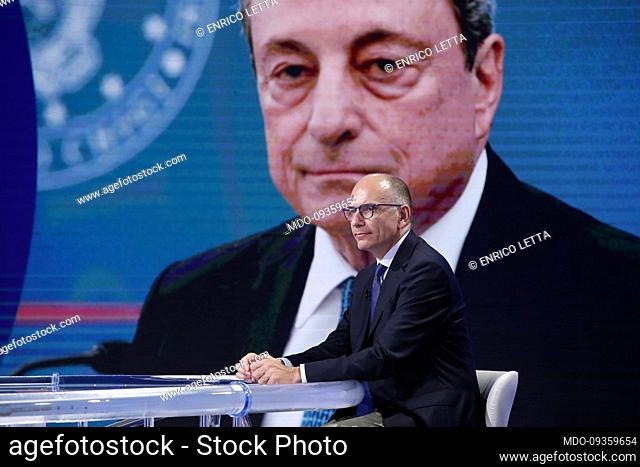 The secretary of the Democratic Party Enrico Letta guest of the television program Porta a Porta. In the background the image of Premier Mario Draghi