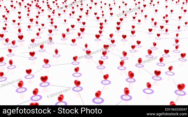 Small linked red hearts surface, 3d abstract, horizontal