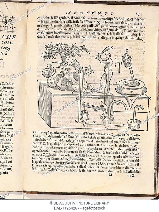 Hercules slaying the dragon, hydraulic system, engraving from Gli artifitiosi et curiosi moti spiritali di Herone, translation by Giovanni Battista Aleotti of...