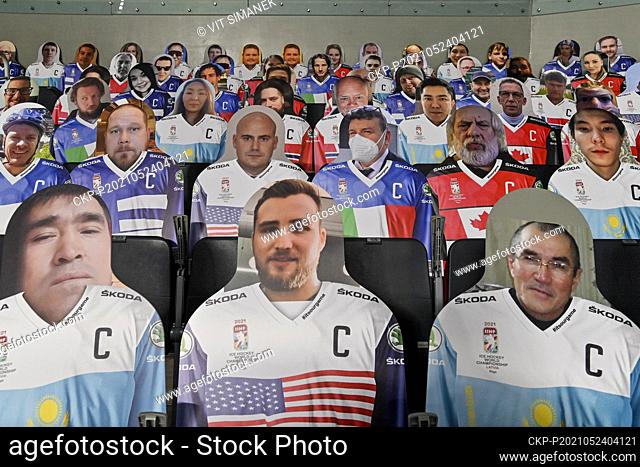 Visitors life size cardboard cutouts watch the 2021 IIHF Ice Hockey World Championship, played without fans due to coronavirus restriction in Riga, Latvia