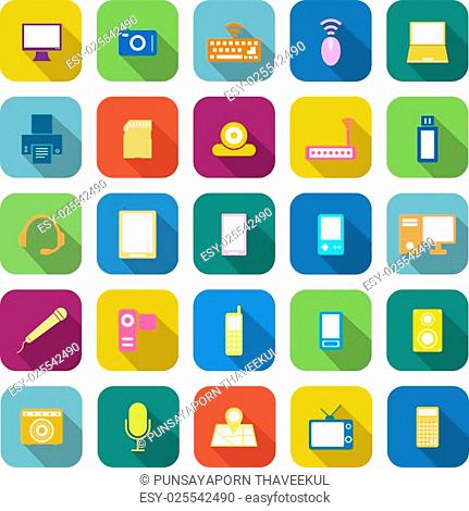 Gadget color icons with long shadow on white background