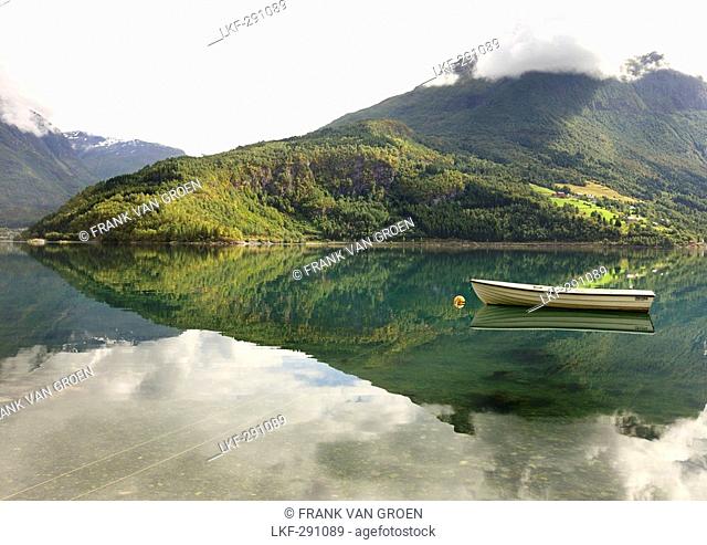 Little boat on the water, fjord landscape, Sogn og Fjordane, Norway, Scandinavia, Europe
