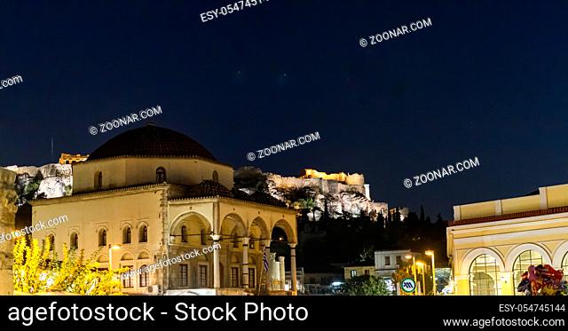 Evening view of the Acropolis monument from Monastiraki Square in Athens, Greece