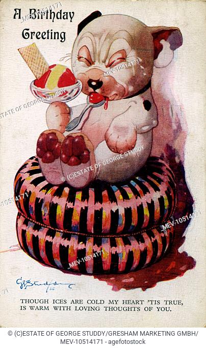 A Birthday Greeting. Though ices are cold my heart 'tis true, Is warm with loving thoughts of you. Bonzo sitting eating ice-cream that is too cold