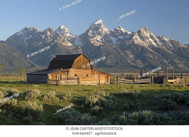 Moulton Barn with the Grand Teton Mountains, Jackson Hole, Grand Teton National Park. Wyoming, USA
