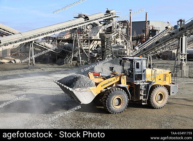 RUSSIA, DONETSK PEOPLE'S REPUBLIC - DECEMBER 5, 2023: A view of a wheel loader at an aggregate processing plant at Kalchiksky granite quarry run by the Nedra...