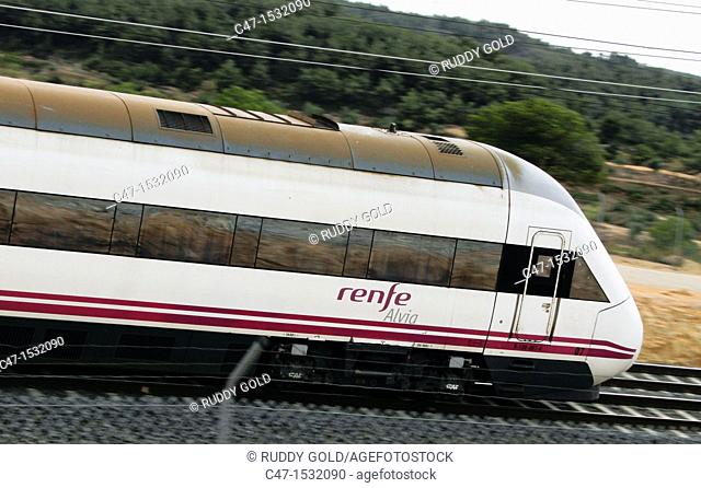 Spain, Catalonia, Lleida province, High Speed Train, AVE Alvia Serie 120 entering the Vinaixa viaduct