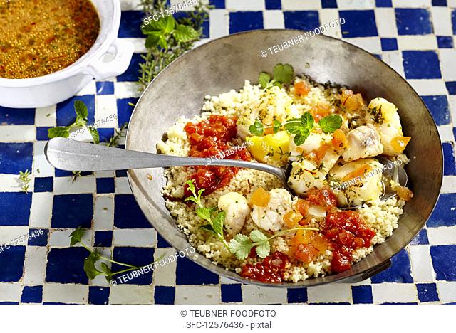 Couscous bi Samak (couscous with cod, Maghreb, North Africa)