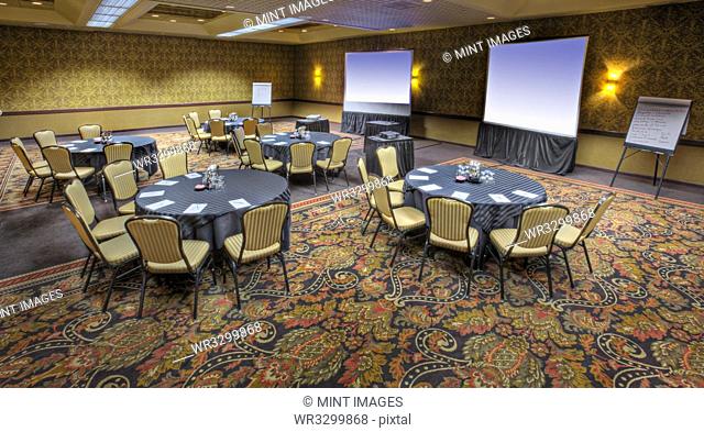 Empty banquet room with projection screens