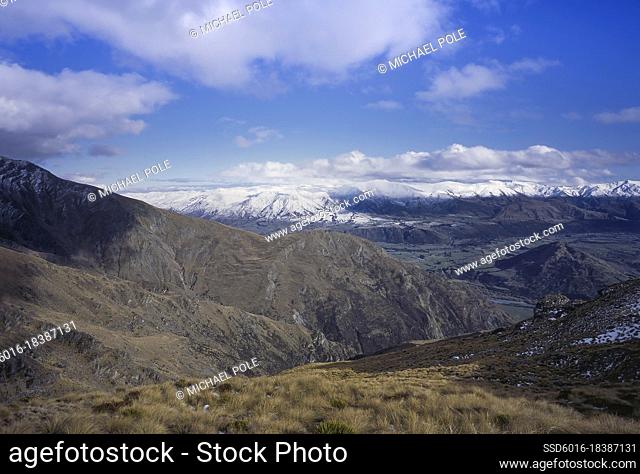 Snow covered Southern Apls with Tussock covered hillls in the foreground - New Zealand