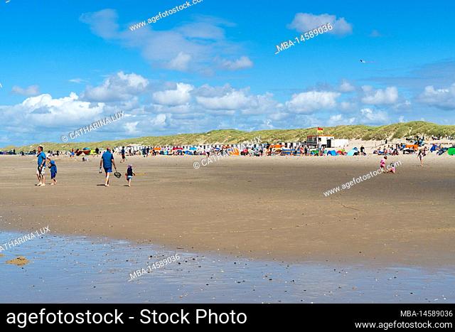 Netherlands, Texel, bathing beach behind Texel Dunes National Park, bathing houses