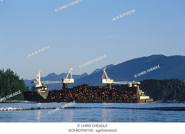 Loaded log barge in Georgia Strait, British Columbia, Canada