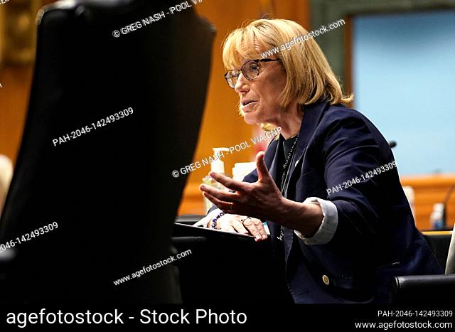 United States Senator Maggie Hassan (Democrat of New Hampshire) asks questions during a Senate Health, Education, Labor and Pensions Committee hearing to...