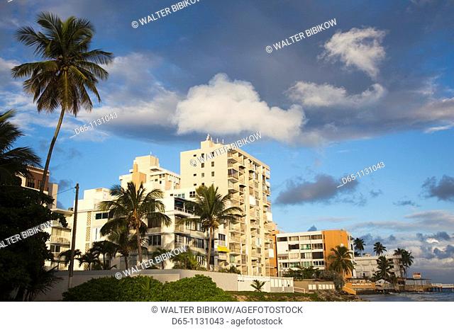 Puerto Rico, San Juan Area, Isla Verde, Punta El Media point, highrise beachfront buildings, morning