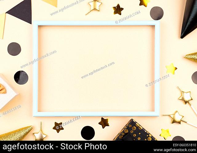 flat lay birthday decorations with frame
