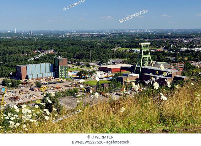 stockpile Halde Haniel, view to headgear coal mine Prosper-Haniel, Germany, North Rhine-Westphalia, Bottrop