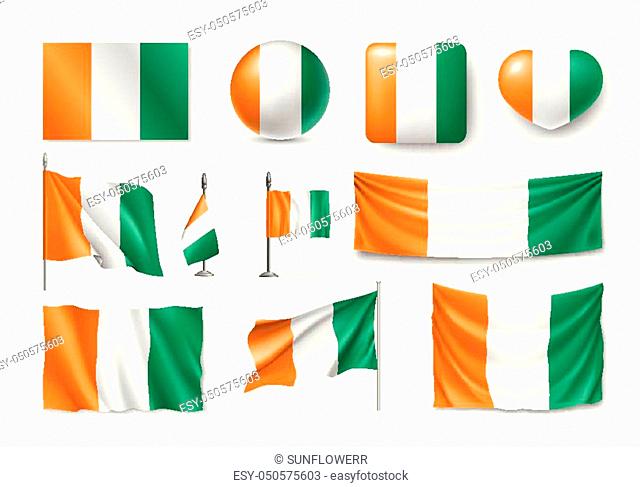 Set Ivory Coast flags, banners, banners, symbols, Cote d'Ivoire realistic icon. Vector illustration of collection of national symbols on various objects and...