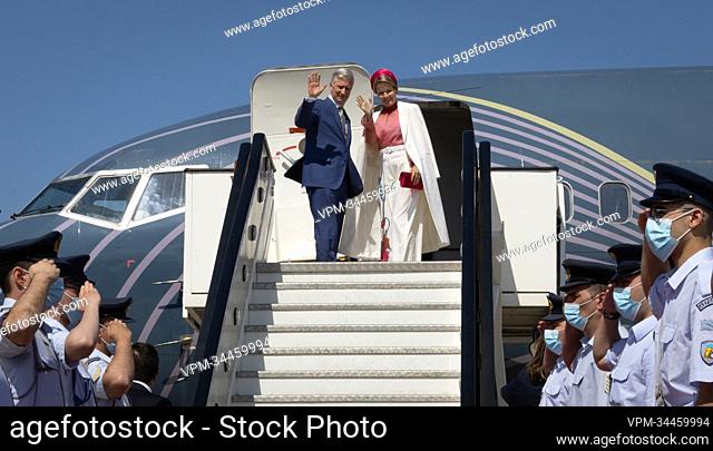 King Philippe - Filip of Belgium and Queen Mathilde of Belgium wave as they board their airplane at Athens International Airport Eleftherios Venizelos