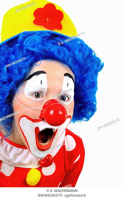 little clown with yellow hat, blue wig and false red nose