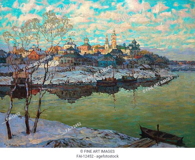 Early Spring. A City at the River. Gorbatov, Konstantin Ivanovich (1876-1945). Oil on canvas. Russian Painting, End of 19th - Early 20th cen. . 1916
