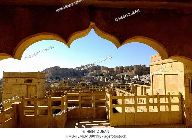 India, Rajasthan, Jaisalmer, at the edge of Thar Desert, architectural detail of a Haveli, mansion built in the 18th century