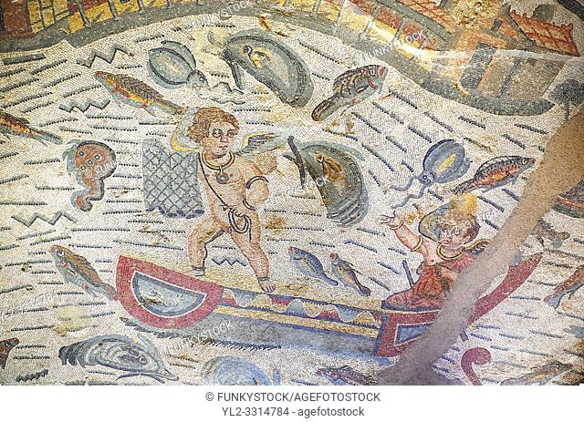Close up detail picture of the Roman mosaics of the Semi Circular Room, depicting cupids fishing from boats, at the Villa Romana del Casale