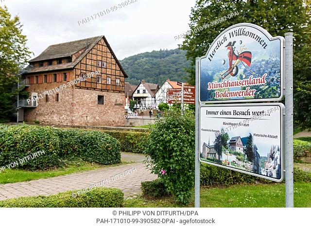 Picture of a sign for the Munchhausen Land, taken in Baron von Munchhausen's town of Bodenwerder, Germany, 20 September 2017