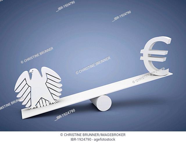 Seesaw out of balance, Germany is heavier, euro or Deutsche Mark, currency in Europe, federal eagle, symbolic image for imbalance, dominance, 3D illustration