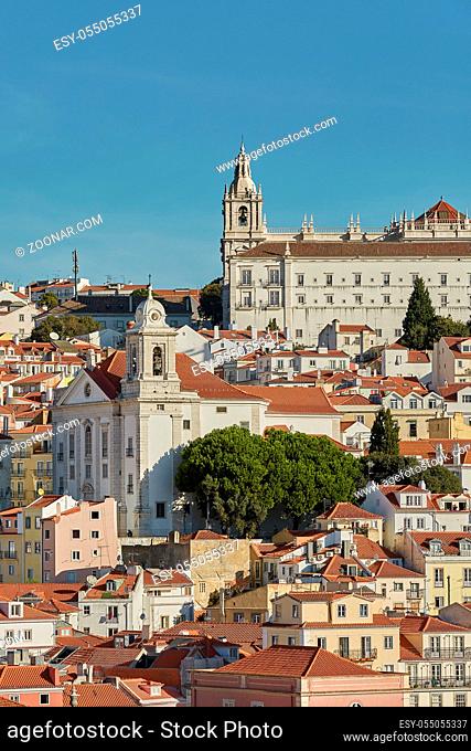 View of traditional architecture and houses on Sao Jorge hill in Lisbon, Portugal