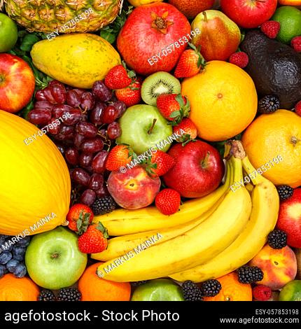 Food background fruits collection apples berries banana square oranges fruit backgrounds