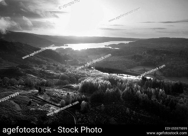 Stunning aerial drone black and white landscape image of sunrise in Autumn Fall over English countryside