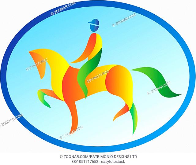 Illustration of an equestrian rider riding horse dressage viewed from the side set inside oval shape on isolated background done in retro style