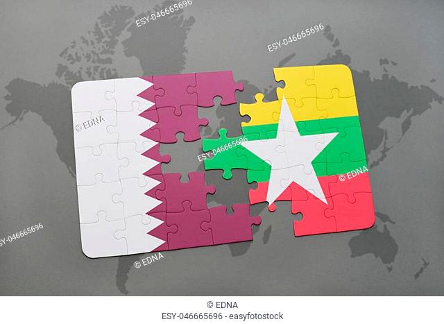 puzzle with the national flag of qatar and myanmar on a world map background. 3D illustration