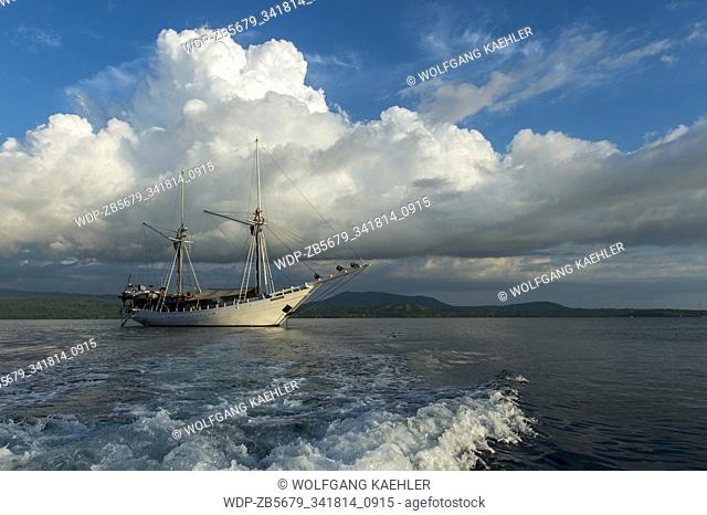 The MSV Katharina, a 38 meter wooden pinisi ship (a traditional Indonesian sailing ship), at Satonda Island, which was formed by volcanic eruption on the sea...