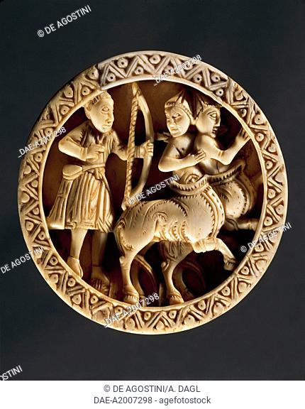 Hercules battling centaurs, walrus ivory checker piece, Albans school. England, 12th century.  Florence, Museo Nazionale Del Bargello (Bargello National Museum)