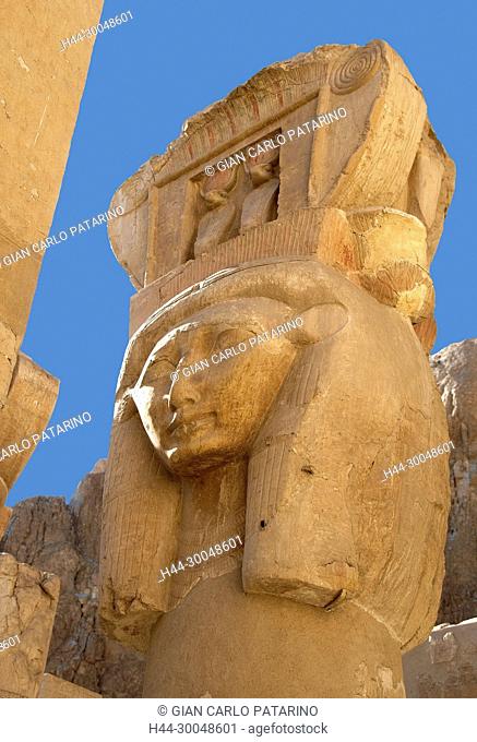 Deir el Bahari, Luxor, Egypt: temple of the queen Hatshepsut (New Kingdom 1567-1080 b.C.) at Deir el Bahari called Djeser-Djeseru: hathoric pillar