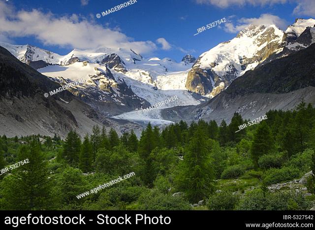 Morteratsch valley, Piz Palue, 3905 m, Piz Bernina, 4049 m, Bianco ridge, Morteratsch glacier, Graubuenden, Upper Engadine, Switzerland, Europe