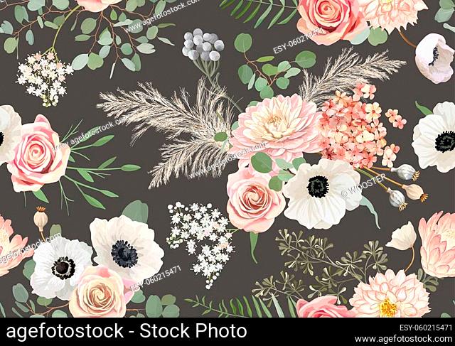 Rustic dried flowers pattern. Watercolor anemone, rose flower, eucalyptus leaves, pampas grass vector seamless background