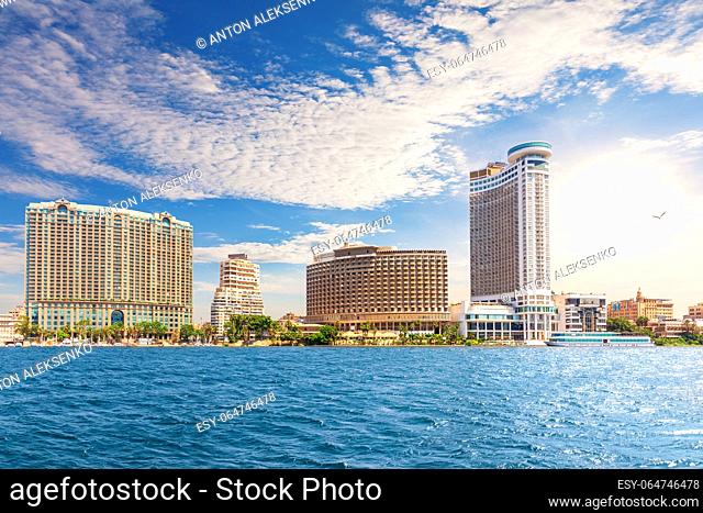 Colorful view of luxury center of Cairo with Skyscrapers on the Nile, Egypt