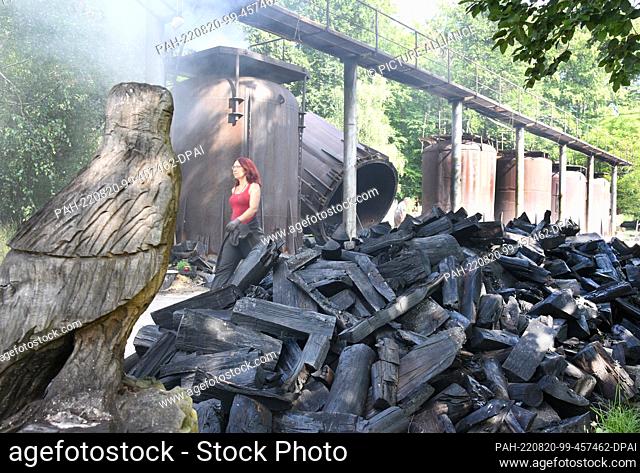 09 August 2022, Saxony, Eisenhammer: In her Eisenhammer charcoal burning workshop in the Düben Heath, charcoal burner Norma Austinat walks past a pile of almost...