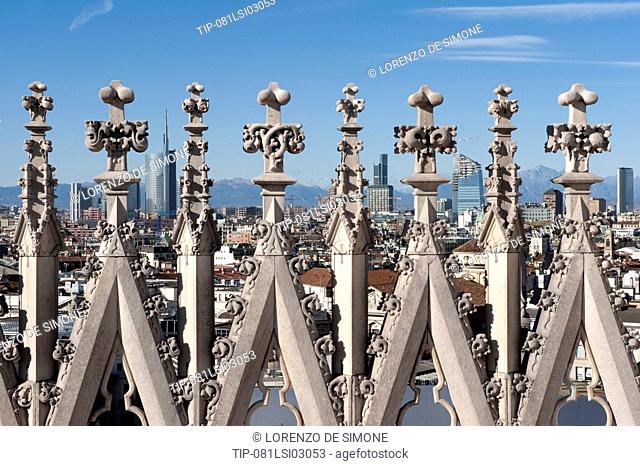 Italy, Lombardy, Milan, skyline from Duomo rooftop