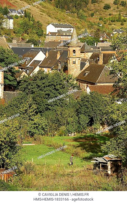 France, Aveyron, Marcillac Vallon, overview with vegetables gardens