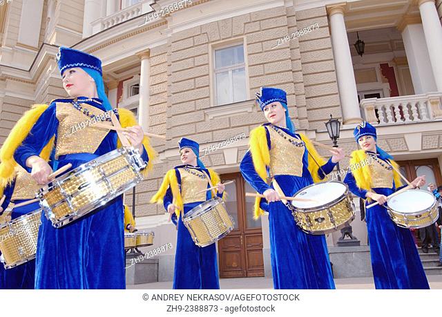 April 01, 2014. Outdoor concert drummers near the teatre Opera and Beleth. In Odessa, held Humorina (Day of humor, laughter and fun) this is an annual festival...